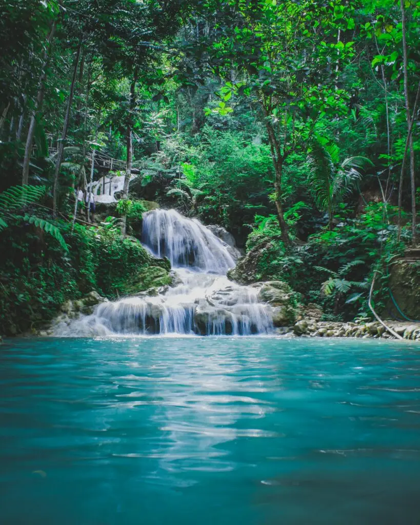 A lush, green tropical jungle surrounding a multi-tiered waterfall flowing into a vibrant turquoise blue pool.